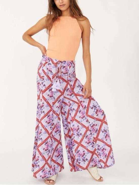 Free People Pants - Free People Lavender Floral Wide Leg Pants with Red Lattice